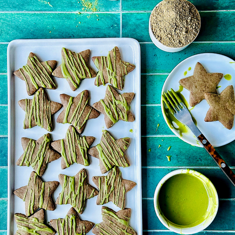 hojicha shortbread cookie with matcha glaze